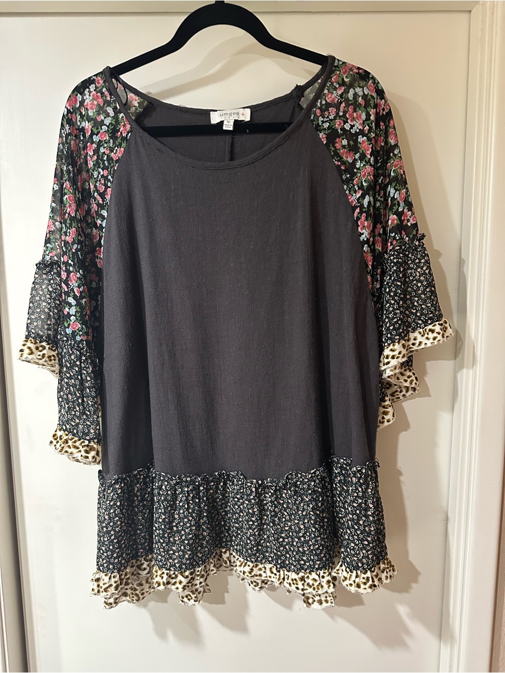 Umgee Brown Mixed-Print Ruffle Peasant Tunic